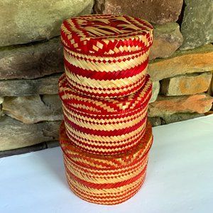 3 Box Set Baskets Red Stacking Graduated Dog Motif Boho Storage Decor Organizing